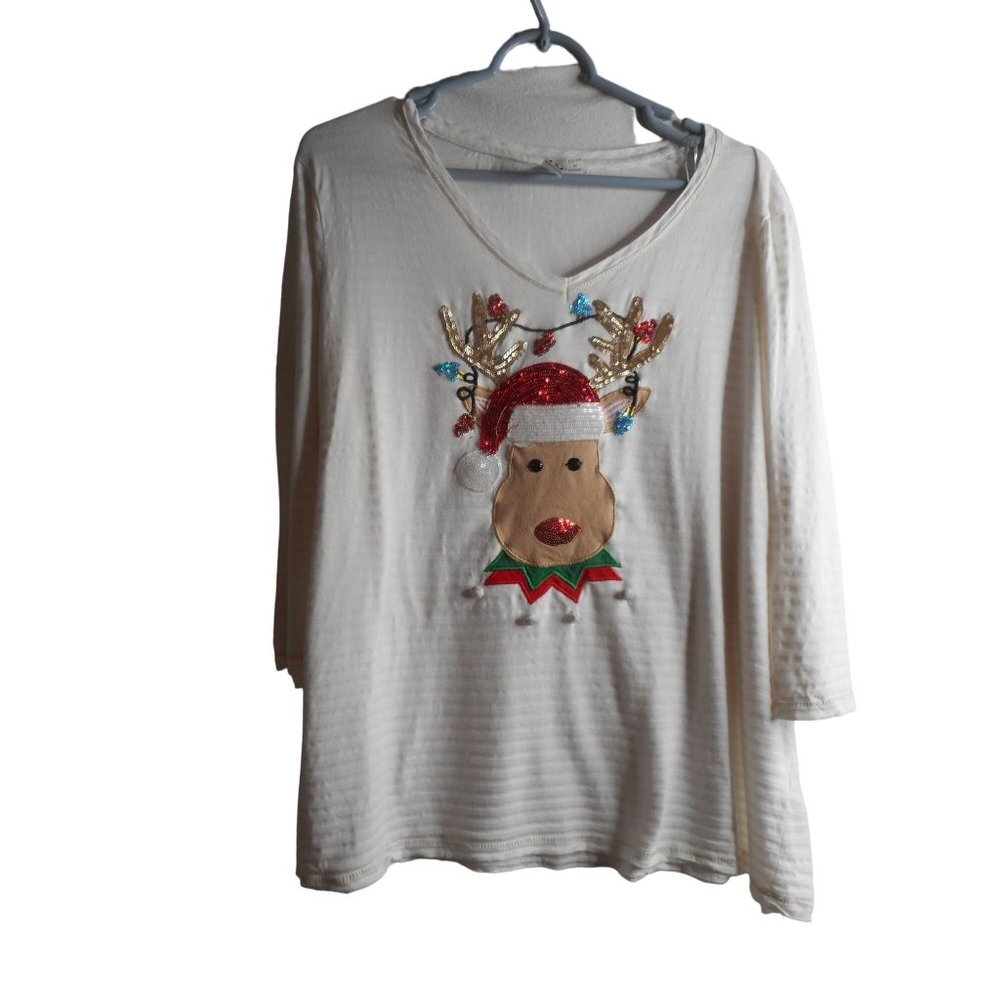 Sequin Rudolph Top Ugly Christmas Shirt Sz 1X white 3/4 sleeve knit Thomas & Oli